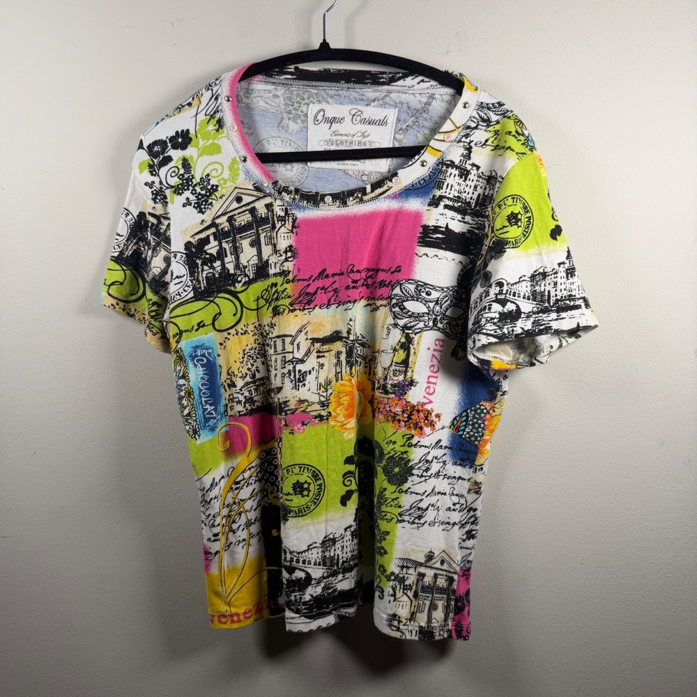 Onque Casuals Graphic T-Shirt Womens XL Multi Y2K Art To Wear Embellished Travel